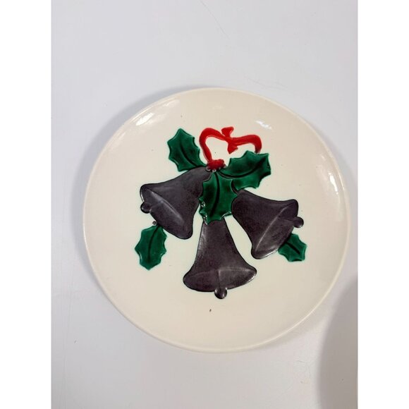 Ceramic Dinner Plates Vintage Handmade Hand-painted 3D Christmas Bells Holly Mal - Picture 7 of 11